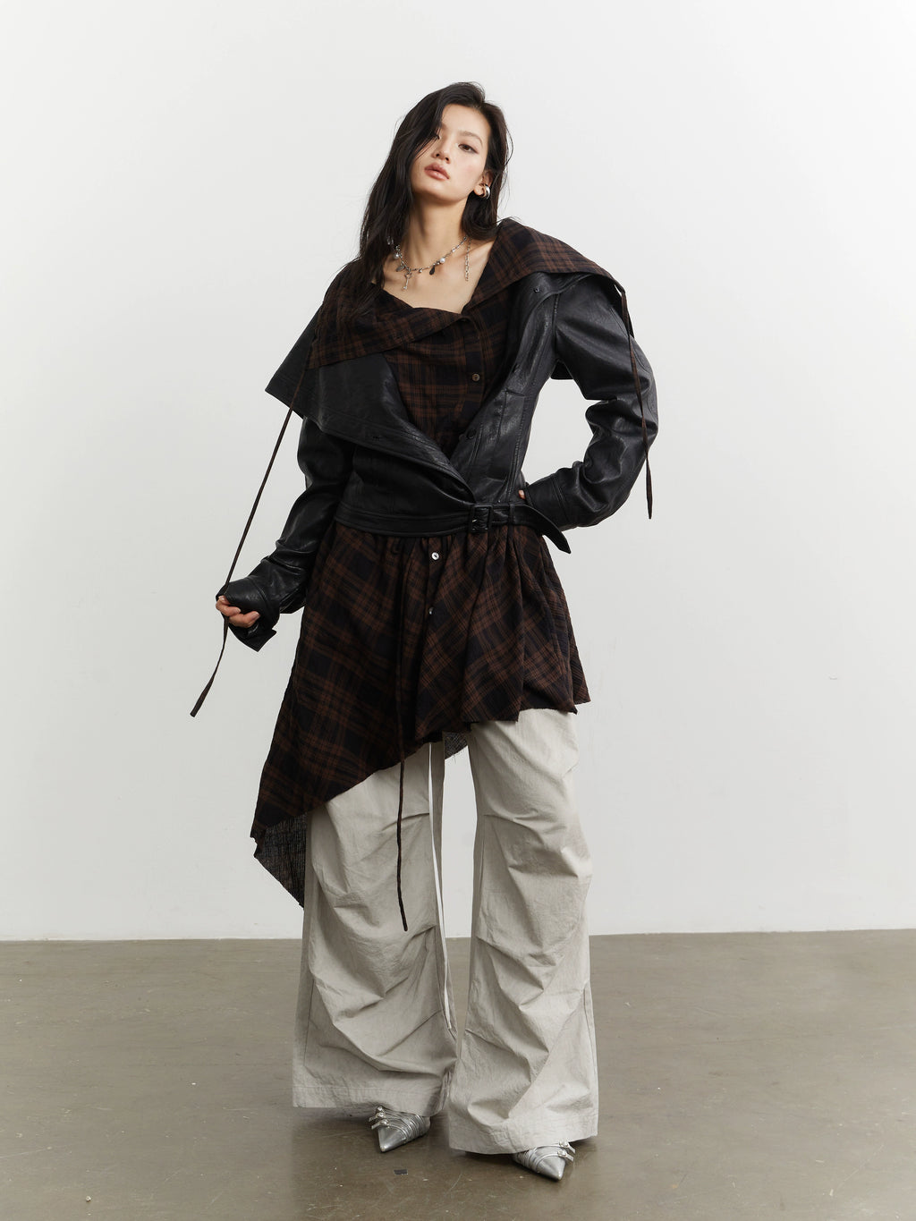 JNYLON-plaid Apron Stitched Imitation Leather PU Jacket