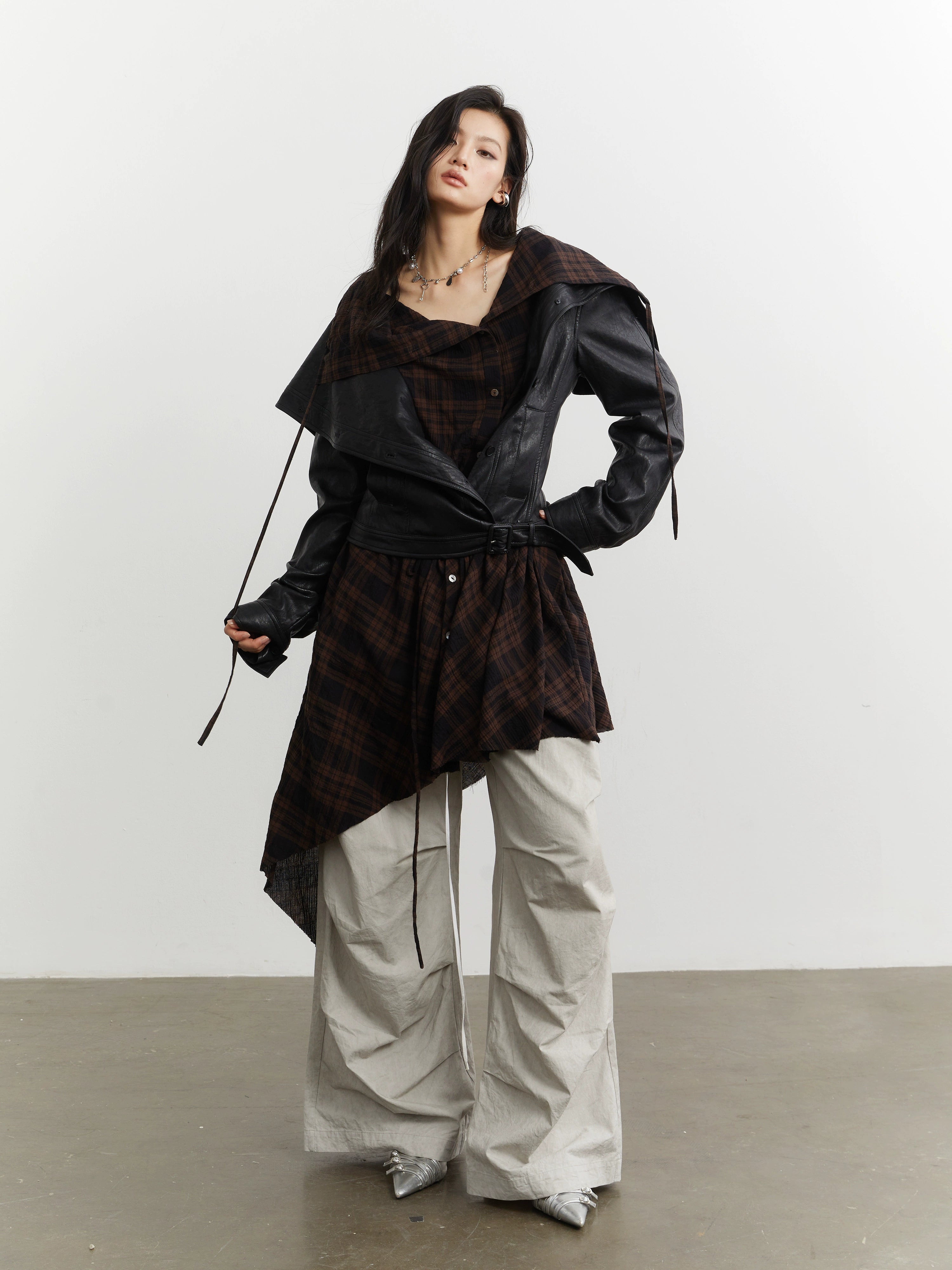 JNYLON-plaid Apron Stitched Imitation Leather PU Jacket