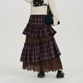 Girlyhalo Vintage Plaid Lace Patchwork Skirt
