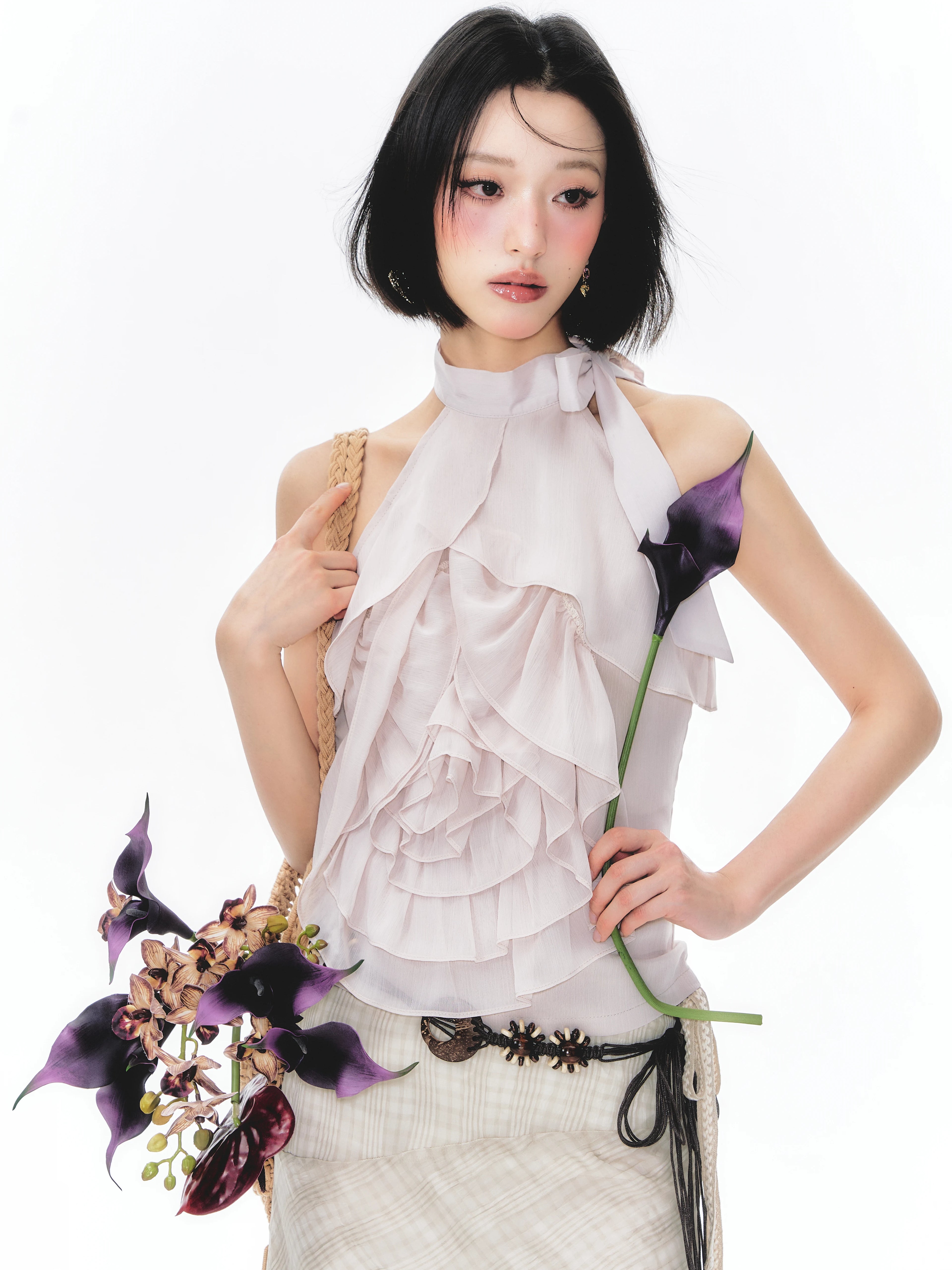 YEDM Three-dimensional Rose Neck Sleeveless Top