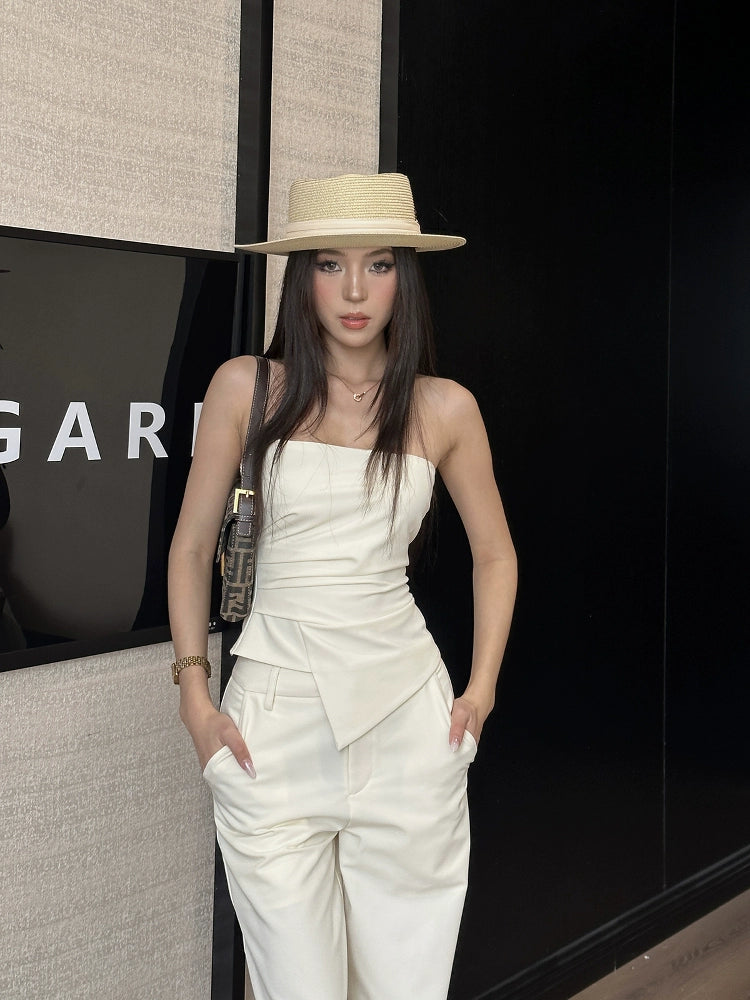 LLROGE Short Strapless Tube Top + High Waist Wide Leg Straight Casual Pants