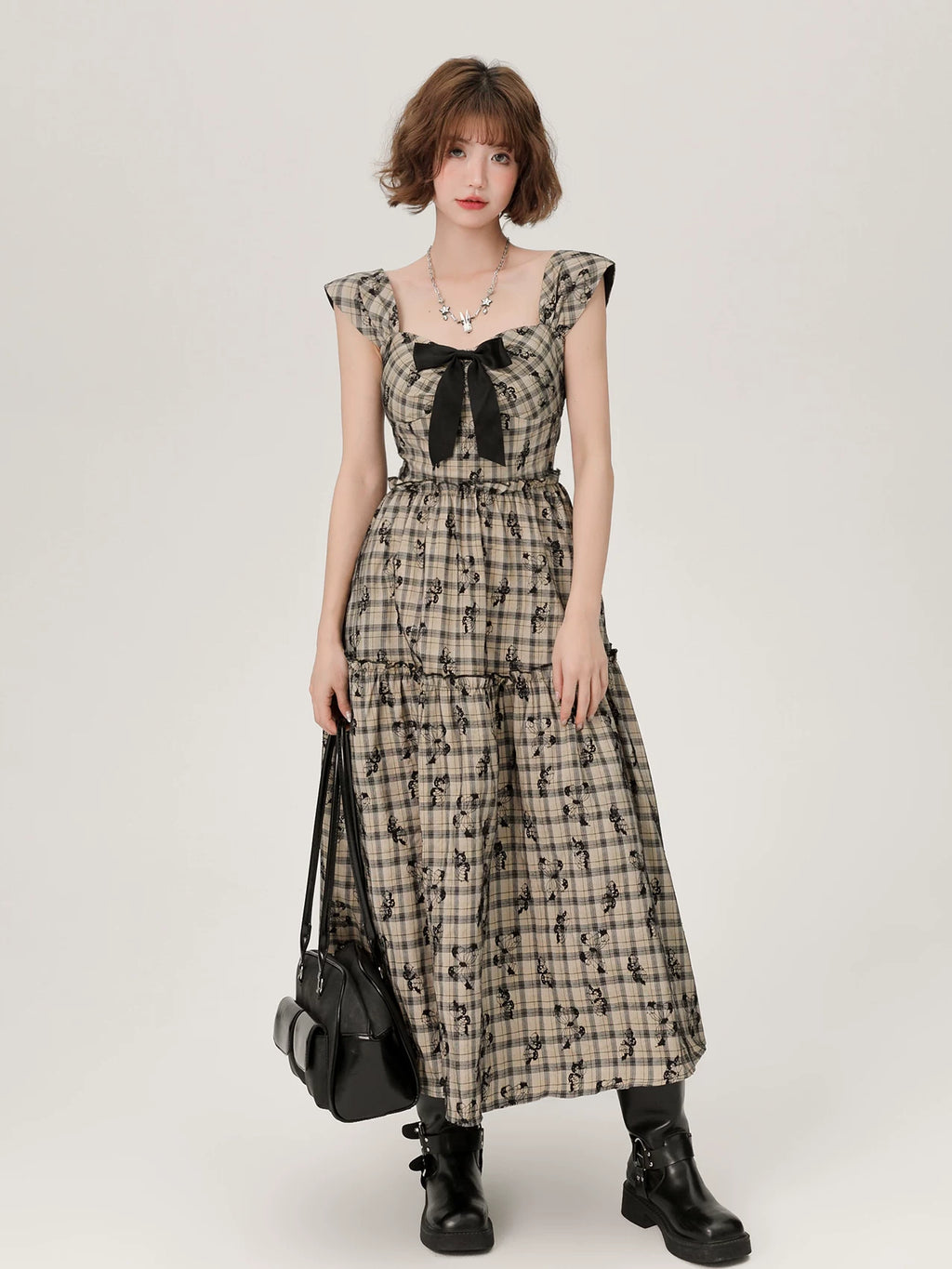 Girlyhalo Vintage Plaid Bow Dress
