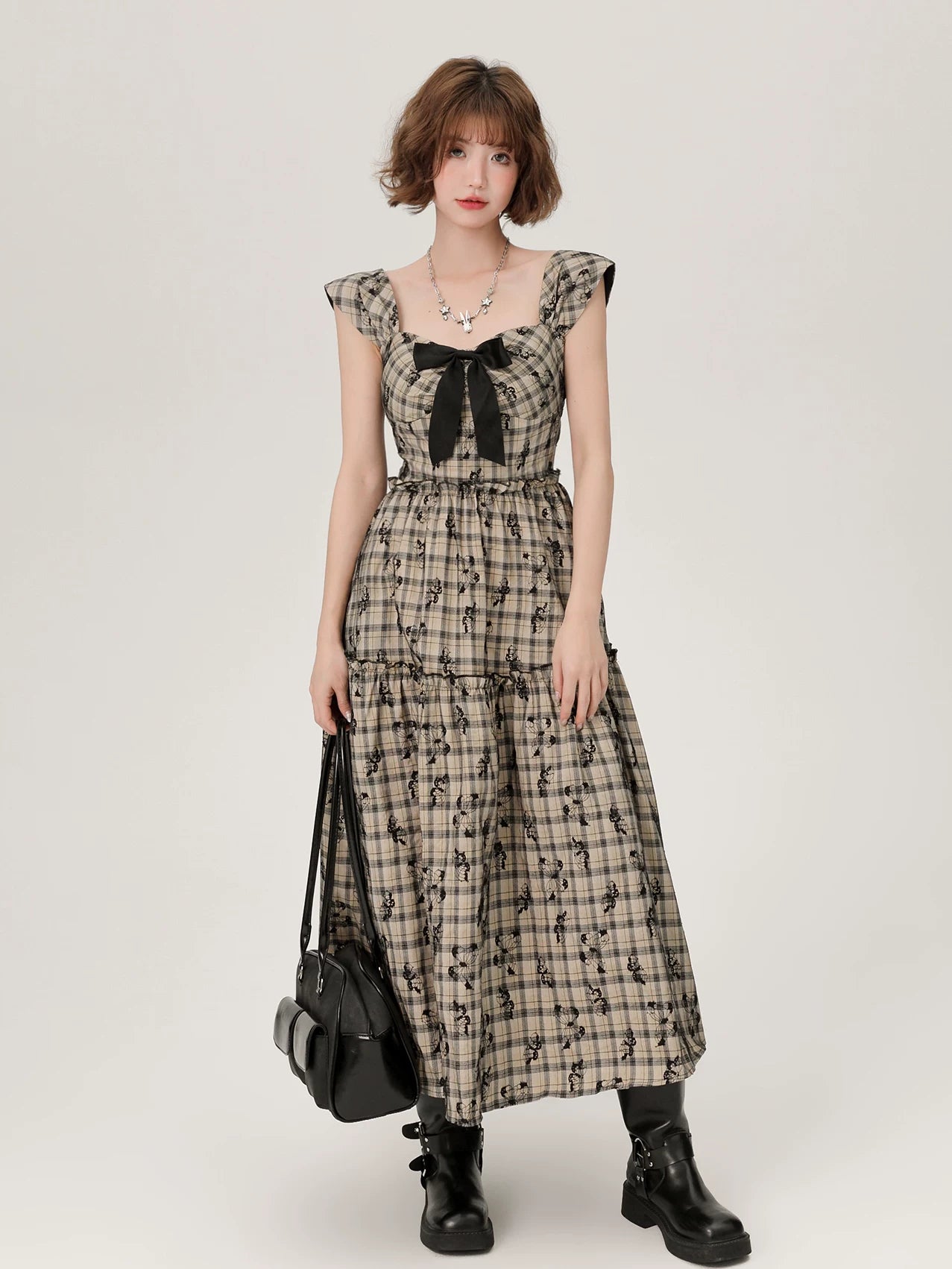 Girlyhalo Vintage Plaid Bow Dress