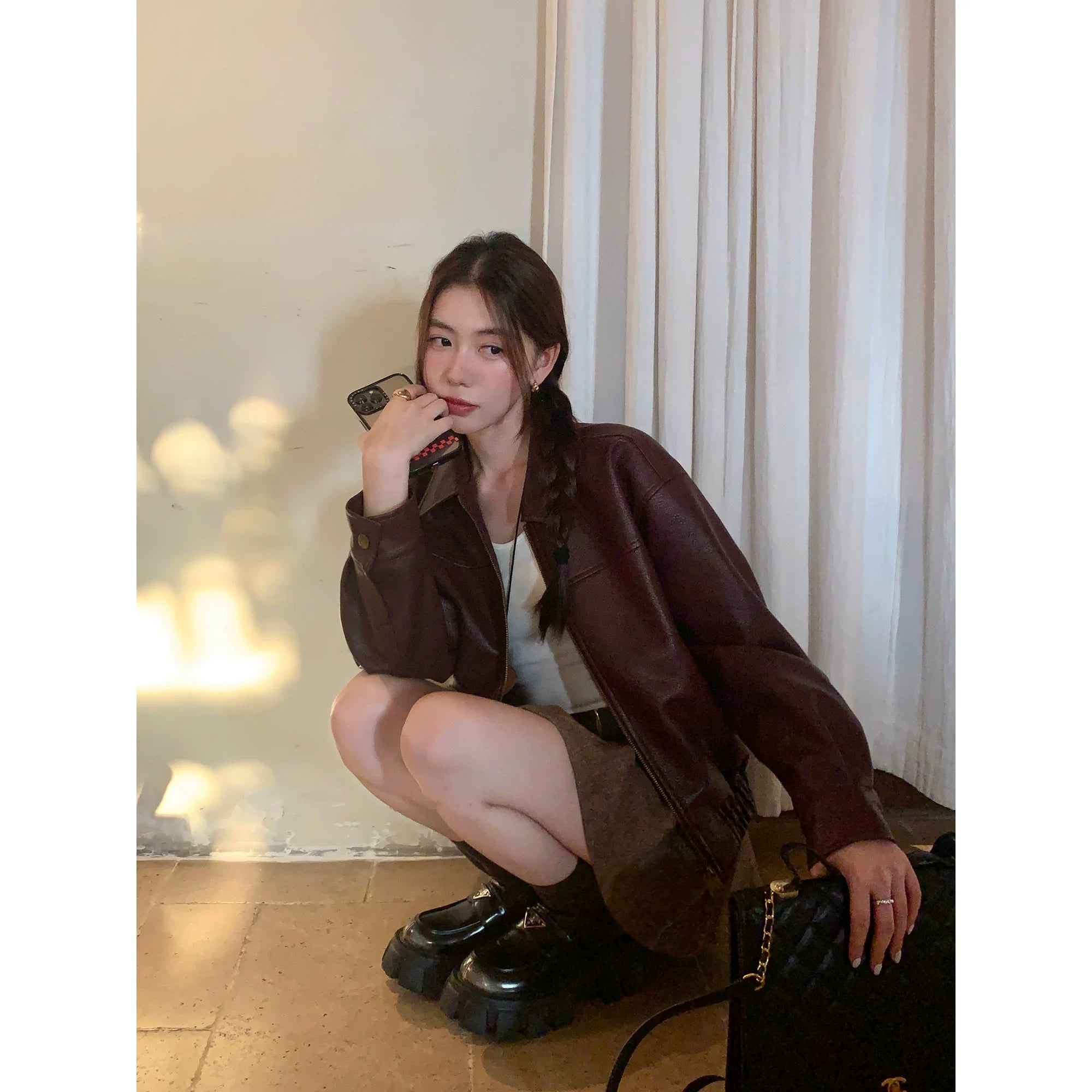 Pusumede Vintage Premium Loose Short Leather Jacket