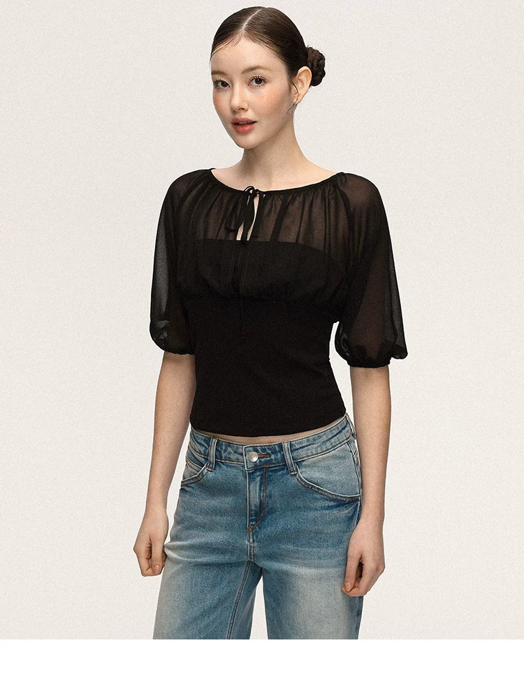 Anna Aneae Mesh Stitching Lace-up Waist and Thin Tee