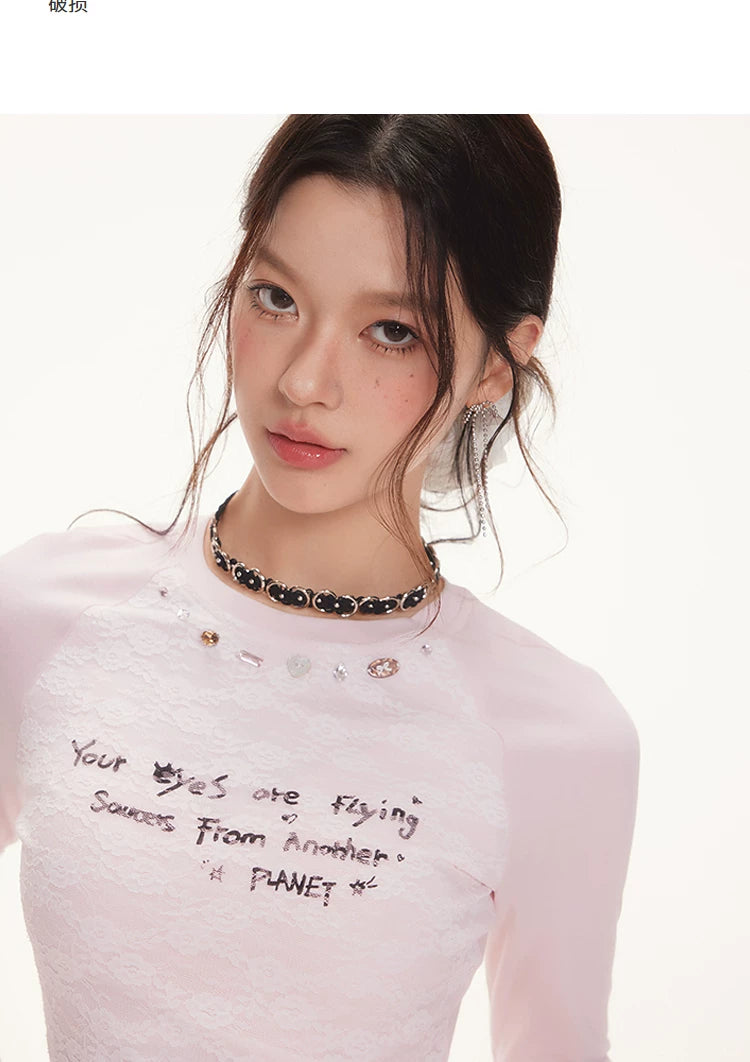 IMONE Letter Print Crew Neck Slim Sleeve