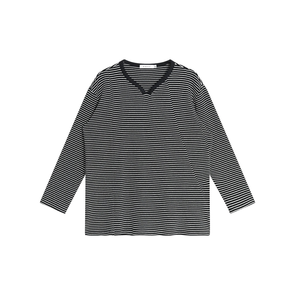 FUNKYFUN Pinstripe Hemming Curved Neckline T-shirt