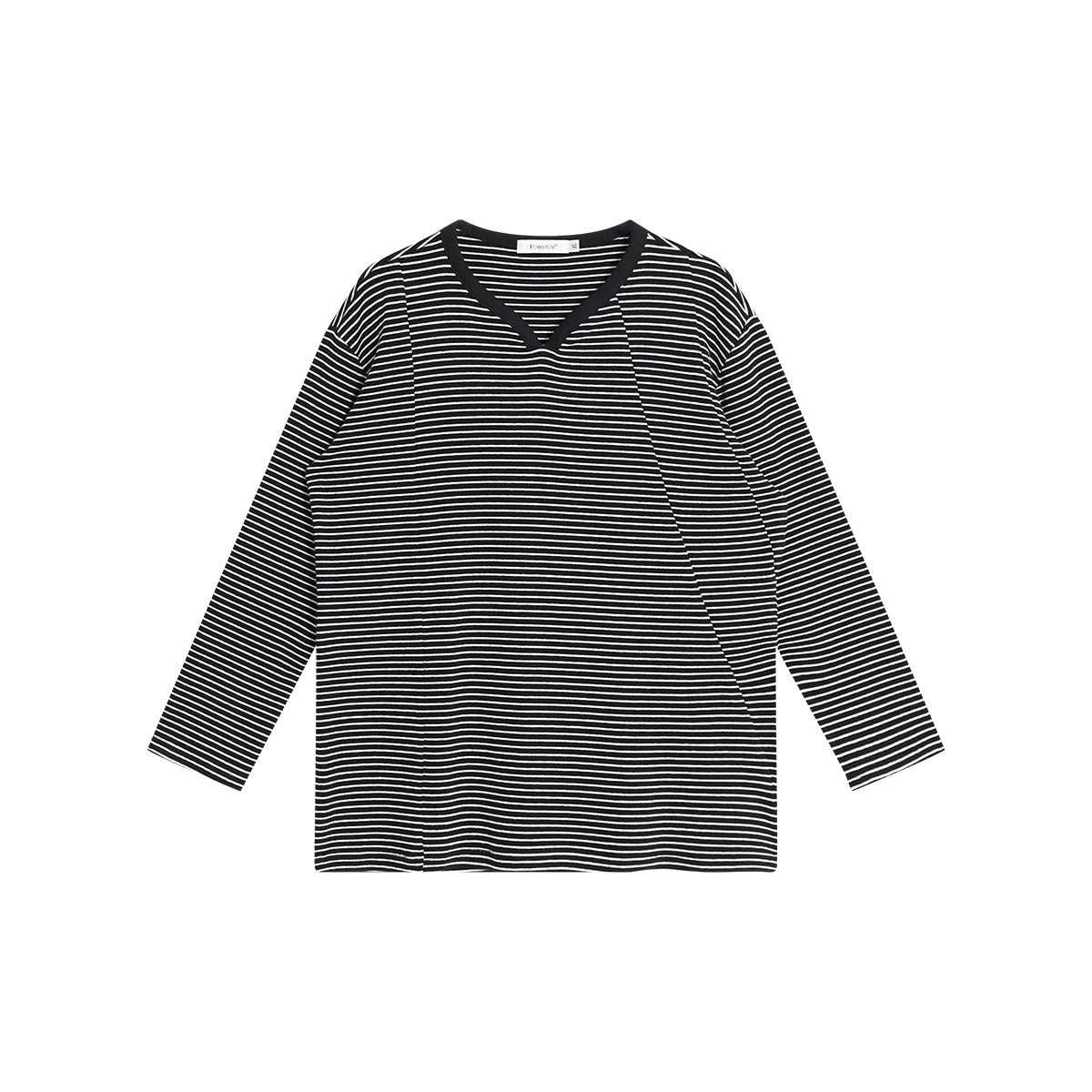 FUNKYFUN Pinstripe Hemming Curved Neckline T-shirt