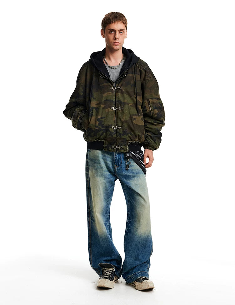 MADWITCH Retro Old Camouflage Aircraft Buckle Hooded Cotton Jacket