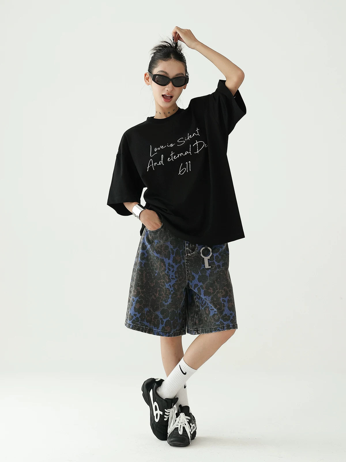 Acestudios Vintage Loose Straight Wide Leopard Denim Five-Point Shorts