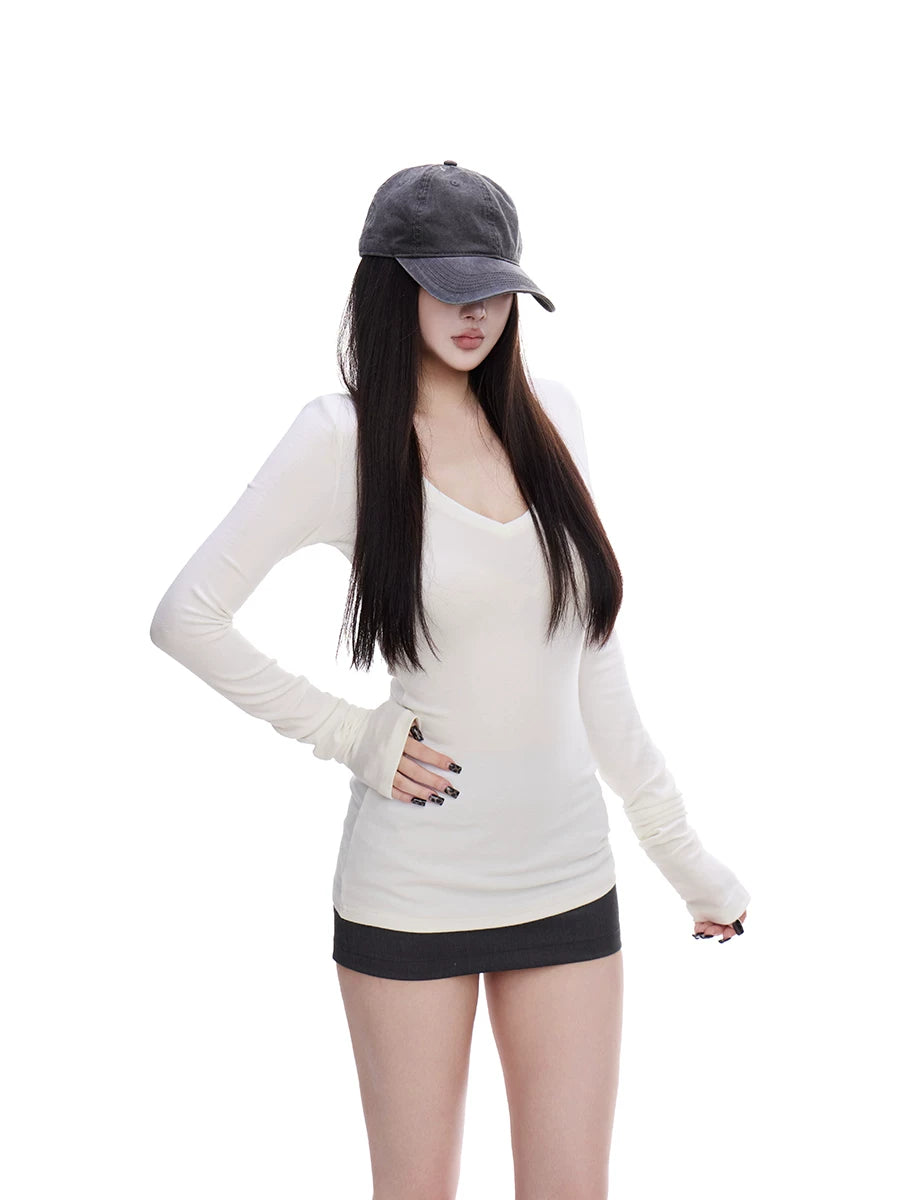 WITHMIN Slim and Thin V-neck Long Sleeves