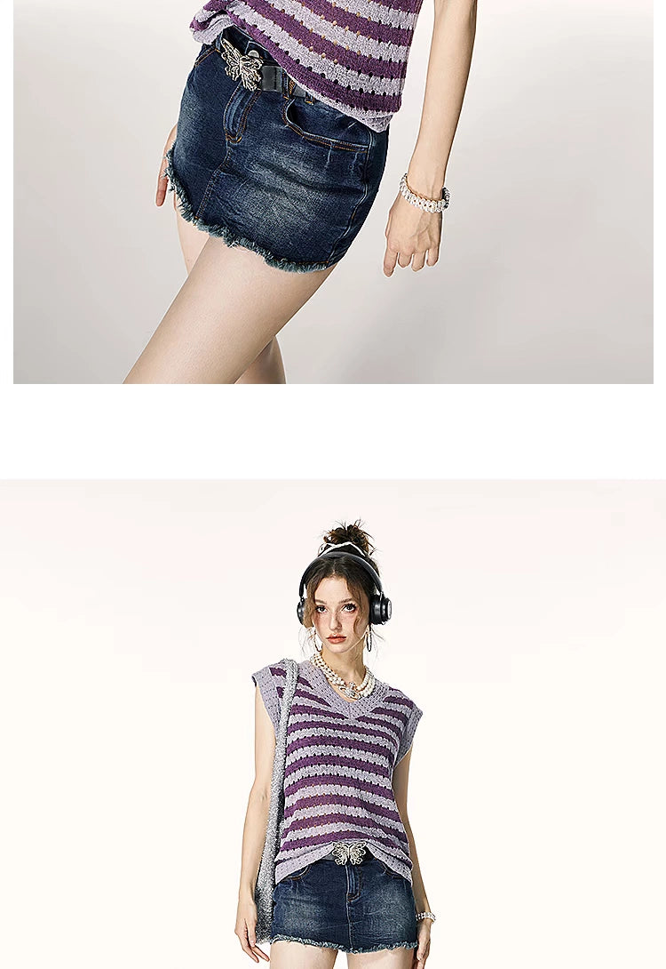 IMONE One Size V-Neck Knitted Striped Vest