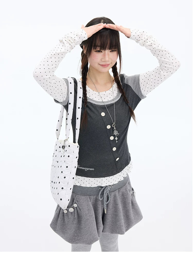 MOMSAYCAN Polka Dot Splicing Lace Slim Fit Long Sleeve