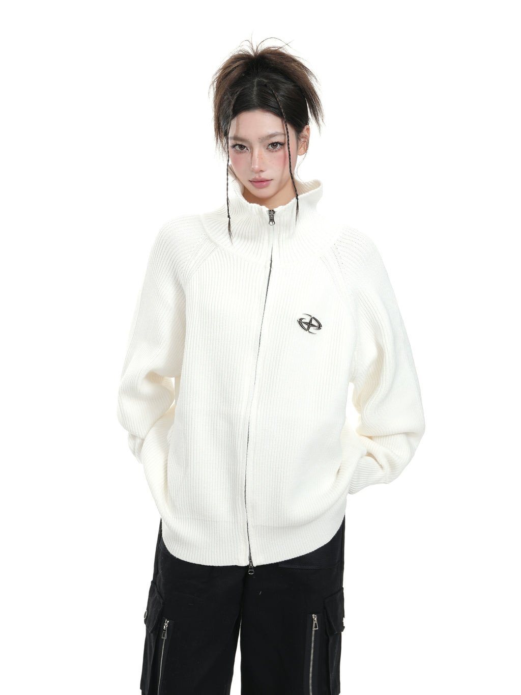 KDASE Double Zipper Stand-up Neck Sweater Jacket