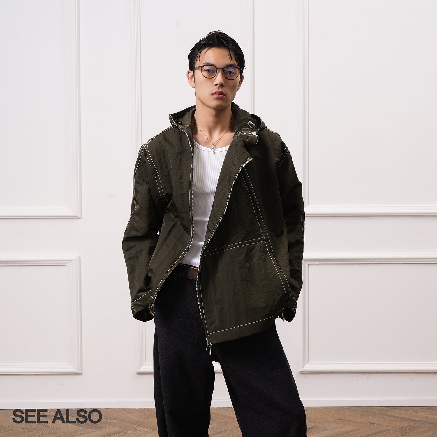 SEE ALSO minimalist slack design oblique symmetrical double zipper with bright line jacket LD4317