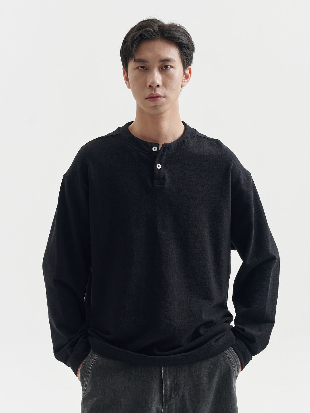 BUTTBILL Henry Collar Simple Casual Vintage Long Sleeve