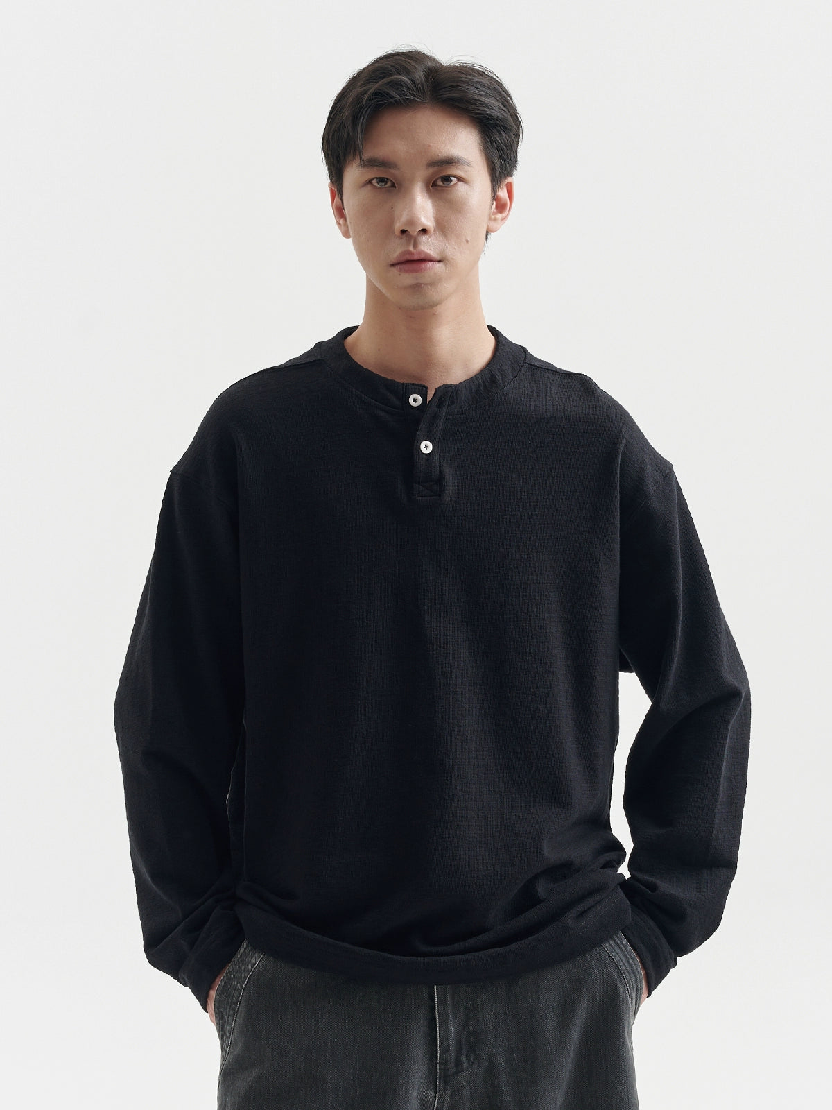 BUTTBILL Henry Collar Simple Casual Vintage Long Sleeve