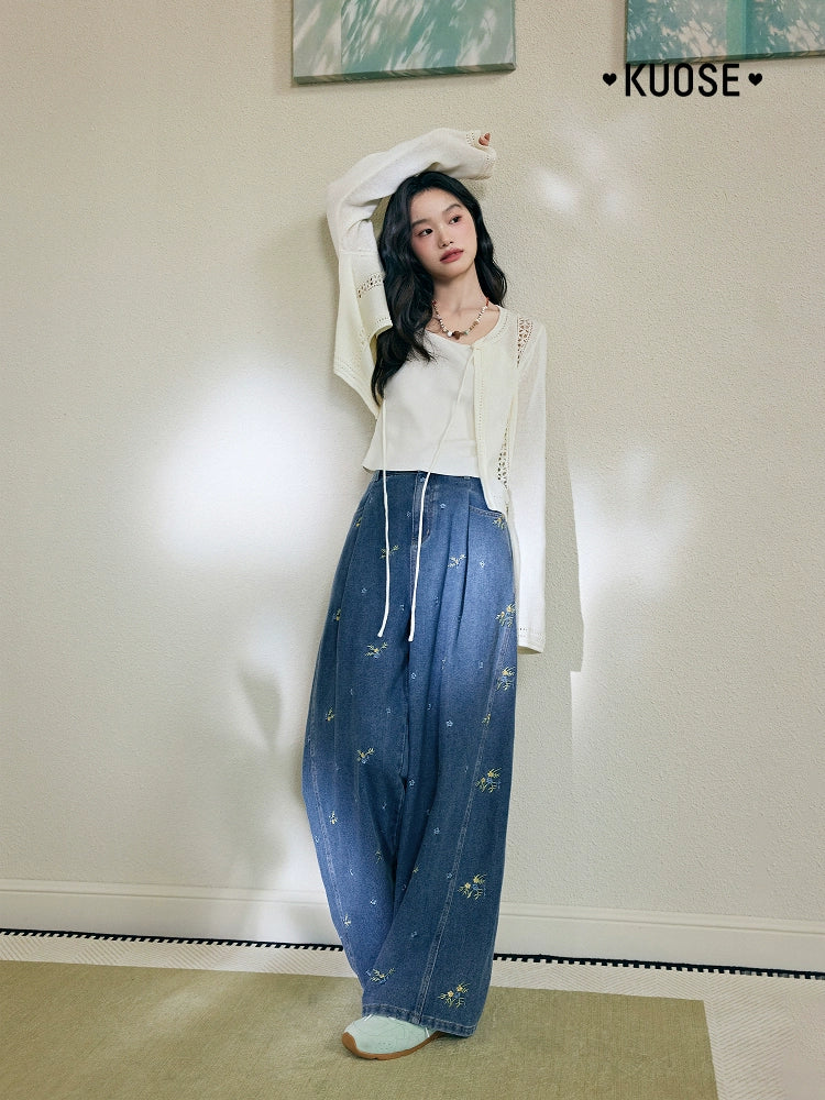 Kuose Embroidered Floral Wide-leg Jeans