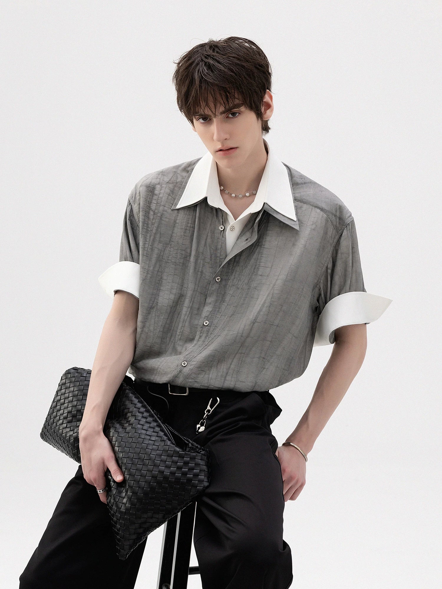 CHOR Fake Two-piece Ink Roll-sleeved Splicing Short-sleeved Shirt