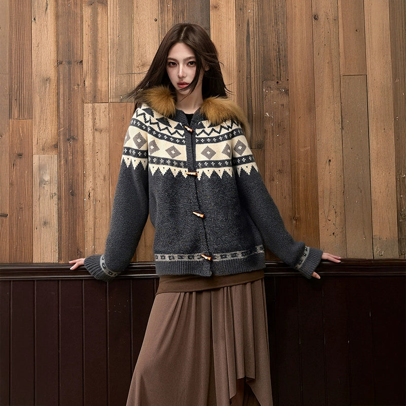 KDASE Horn Buckle Hooded Sweater Jacket