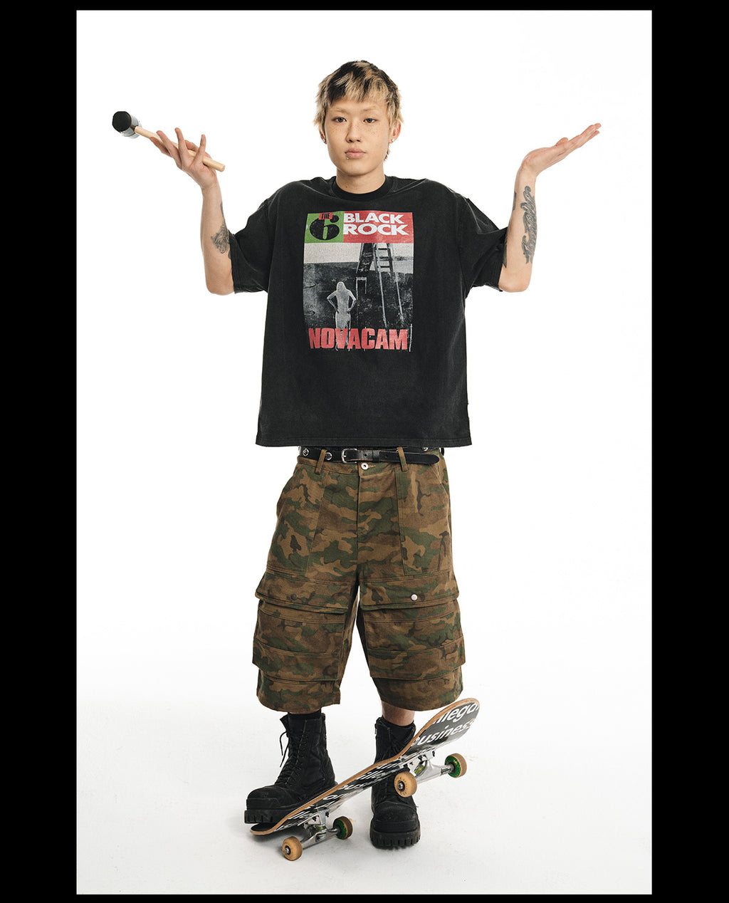 NOVACAM wasteland wind retro camouflage baggy heavy mottled old black cropped pants