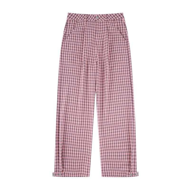 NICEBAD Flower-embroidered Plaid Trousers