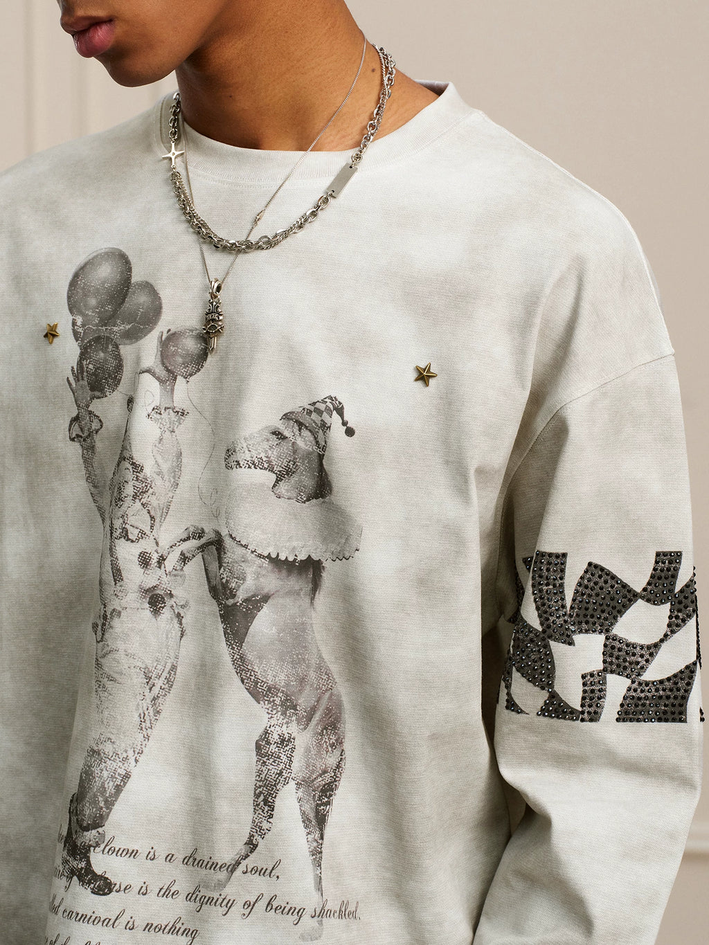 YADcrew Washed Hot Diamond Rivet Long Sleeve T-Shirt
