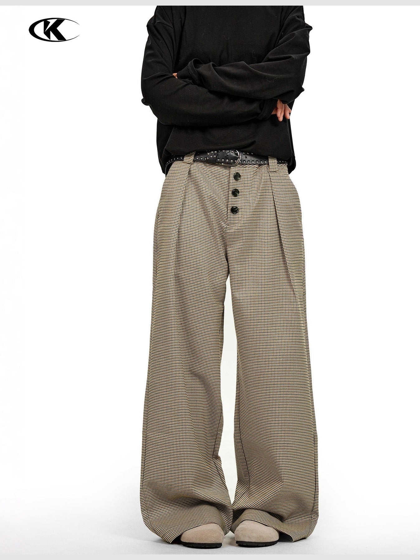 11KN Compound Pleated Breasted A-shaped Straight Wide-leg Slacks