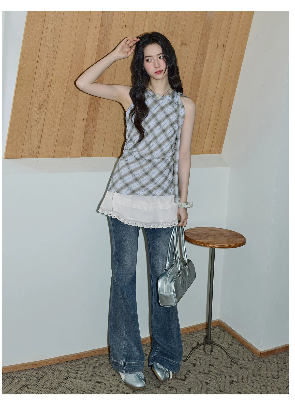 XUJING Lace Stitching Plaid Sleeveless Shirt