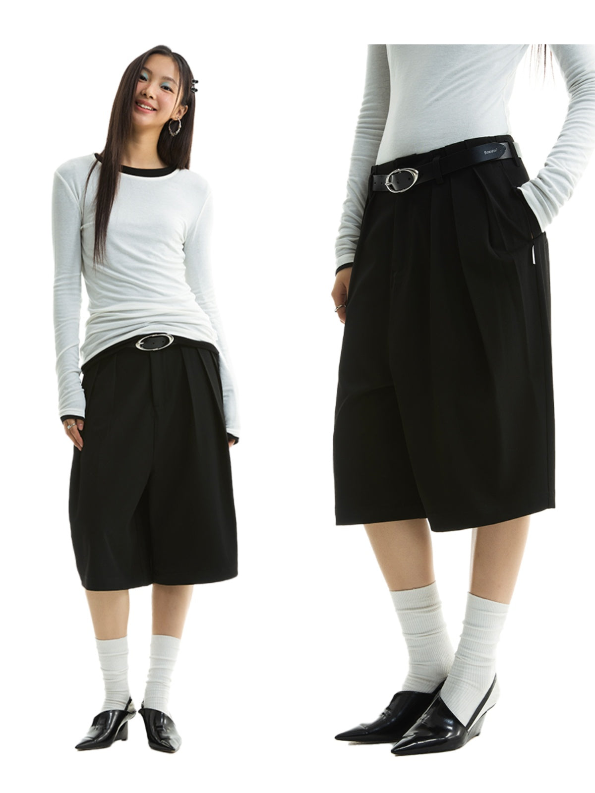 FUNKYFUN 2025SS Double-piece pleated design waistless wide five-point low-crotch trousers shorts