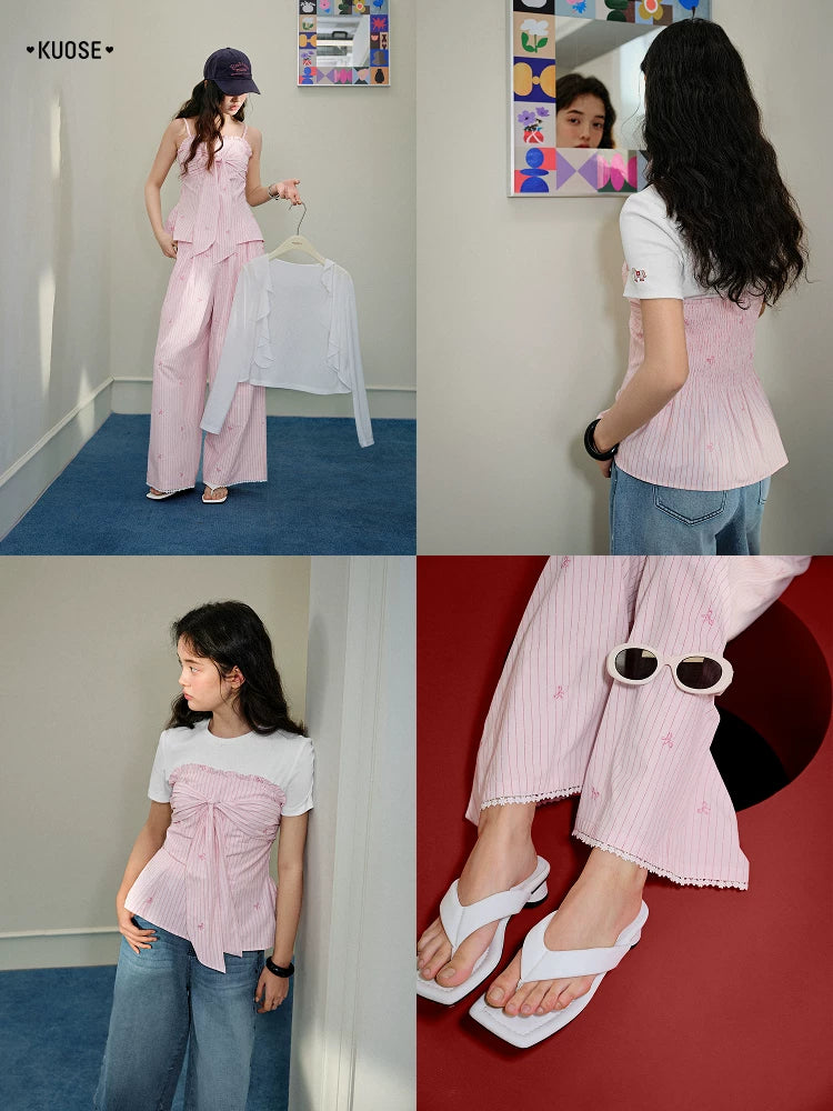 Kuose Striped Suspender Casual Pants Two-piece Set