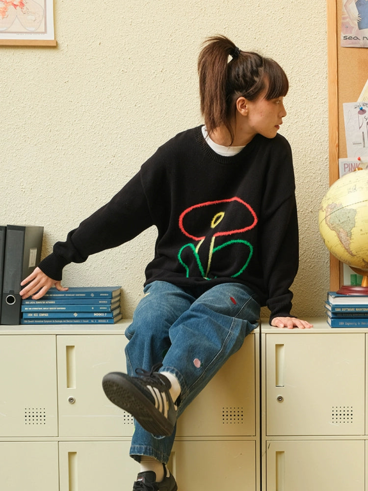 MoodLikeMe Line Flower Crew Neck Pullover