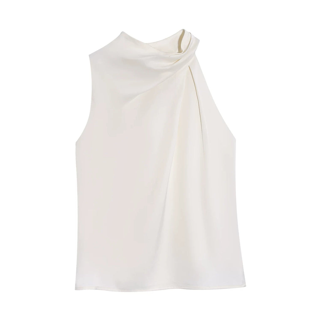 LLROGE Neck Satin Shirt High Waist Skirt Set