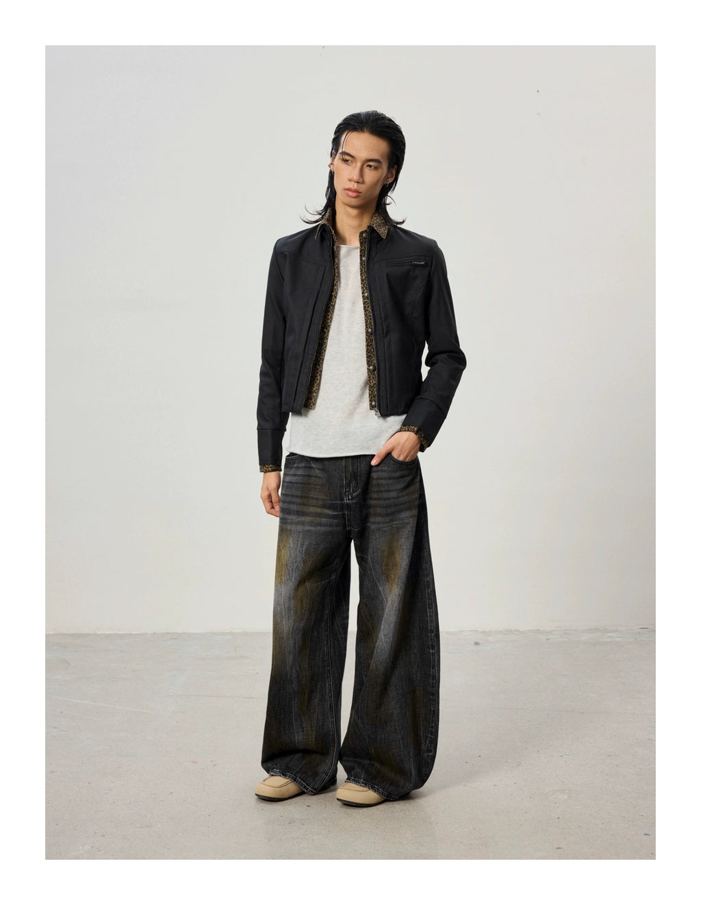 BTSG Short Fake Two-piece Leopard Print Spliced Jacket