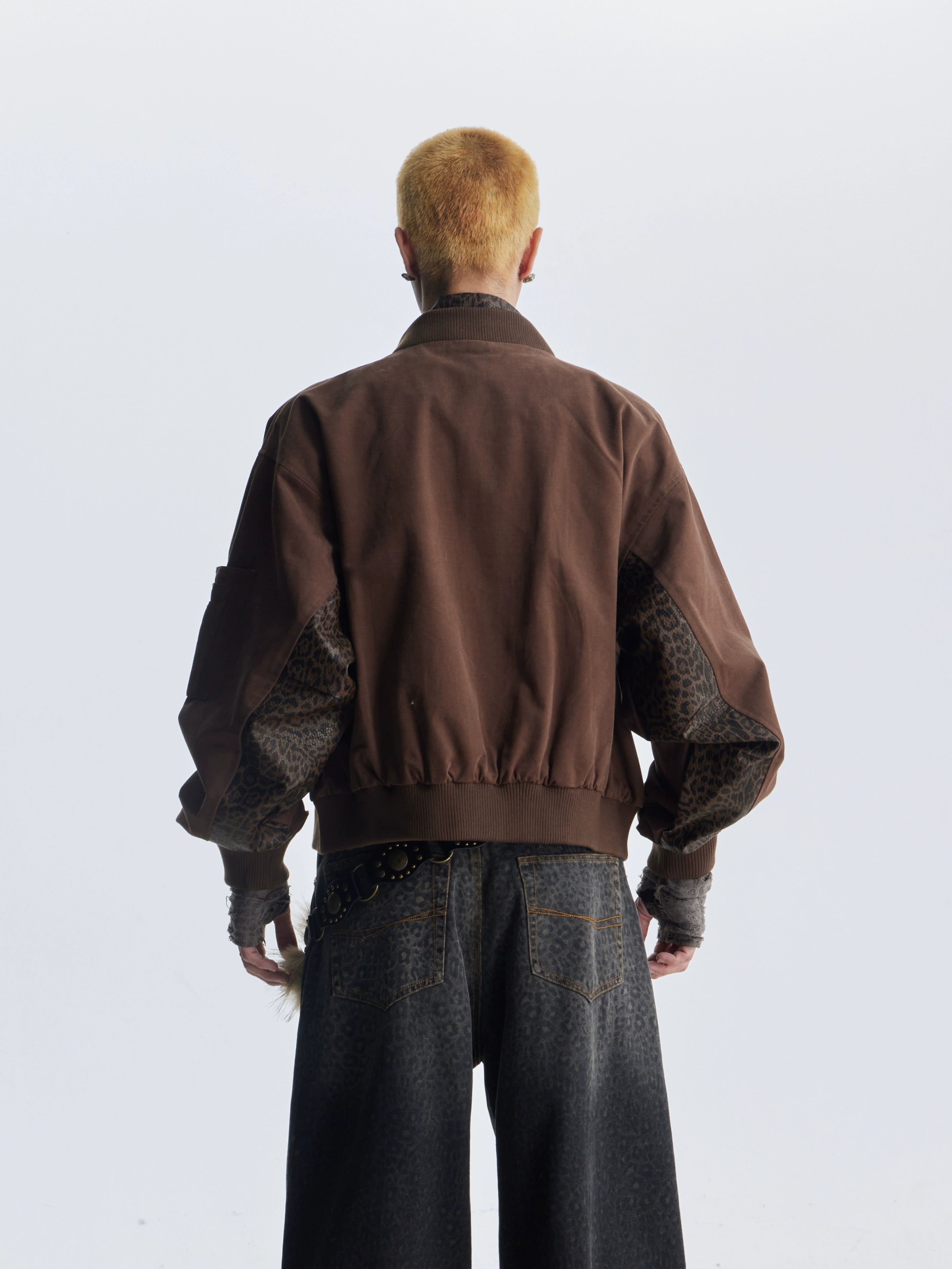 NOMANIAI Leopard Print Leather Fake Two-piece Zipper Baseball Collar Zipper Jacket