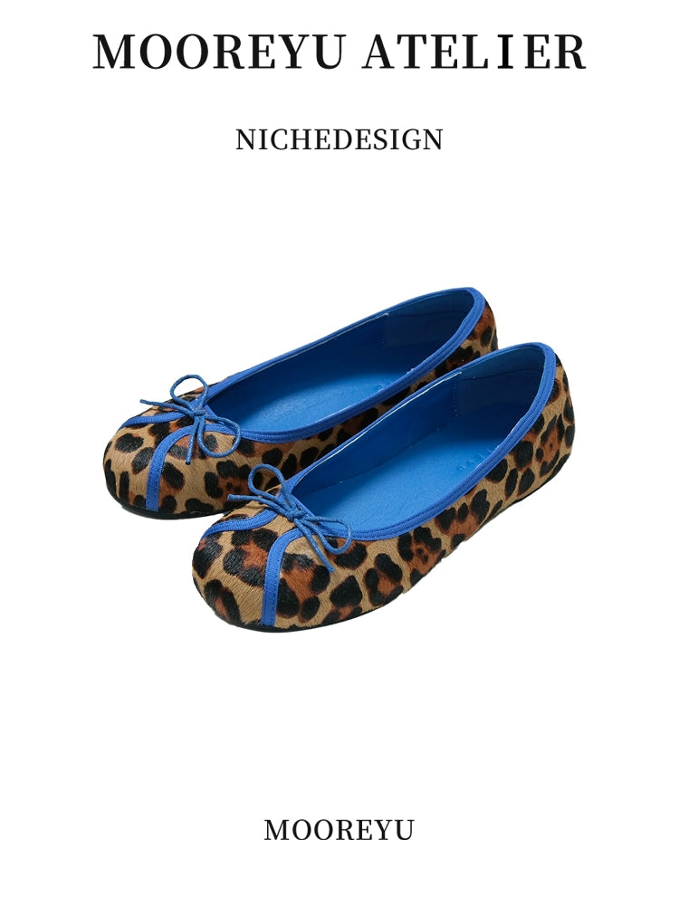 Mooreyu Leopard Print Light Mouth Bow Round Head Flats