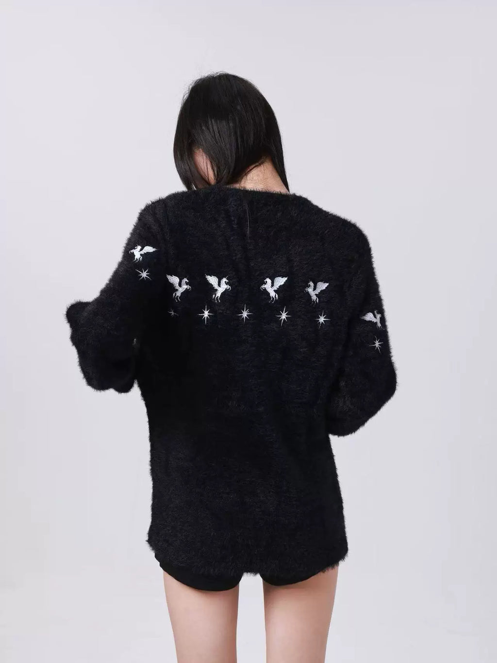 DETW Pentagram Leather Rivet Front Shoulder Crew Neck Sweater