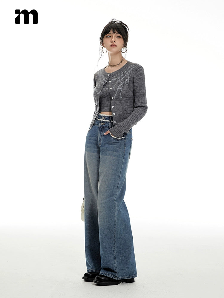 Imone Vintage Lace Double Waist Straight Wide Leg Pants Jeans