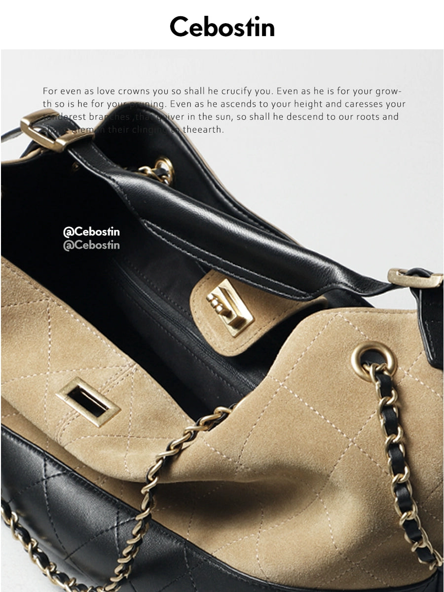 Cebostin Rhombus Splicing First Layer Cowhide Large Capacity Armpit Bag