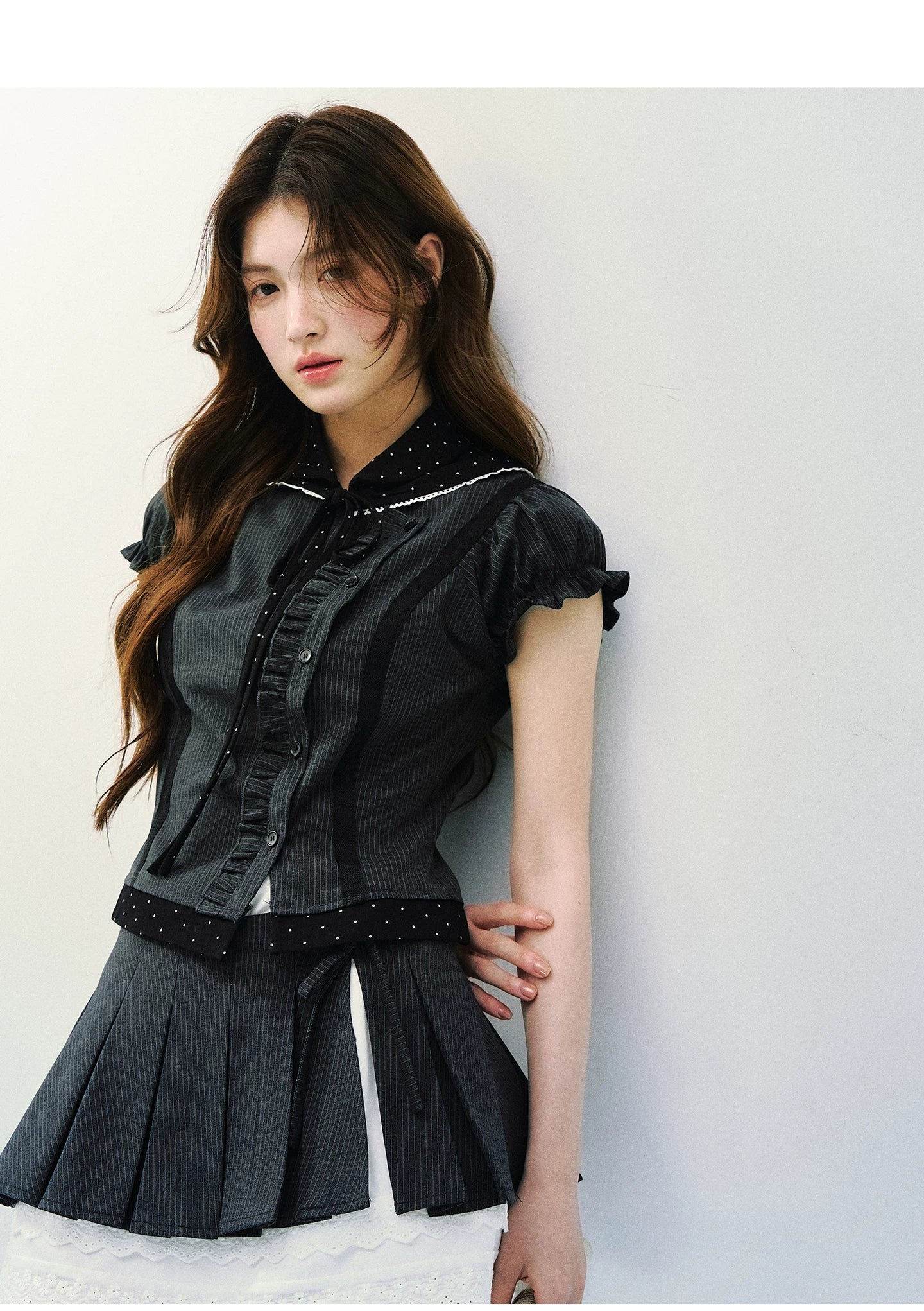 SunsetPark Striped Splicing Polka Dot Shirt Skirt Set