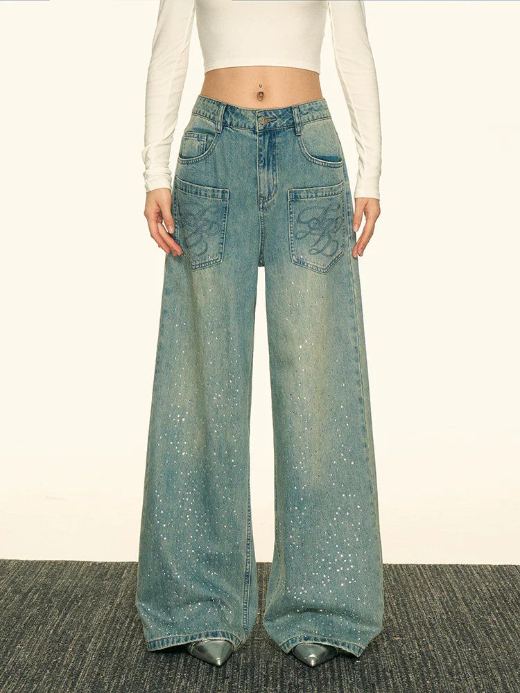 Aaisup Vintage Wide Leg Hot Diamond Jeans