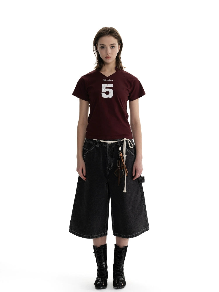 Loopsoon Retro Jersey Printed Simple Letter Tee