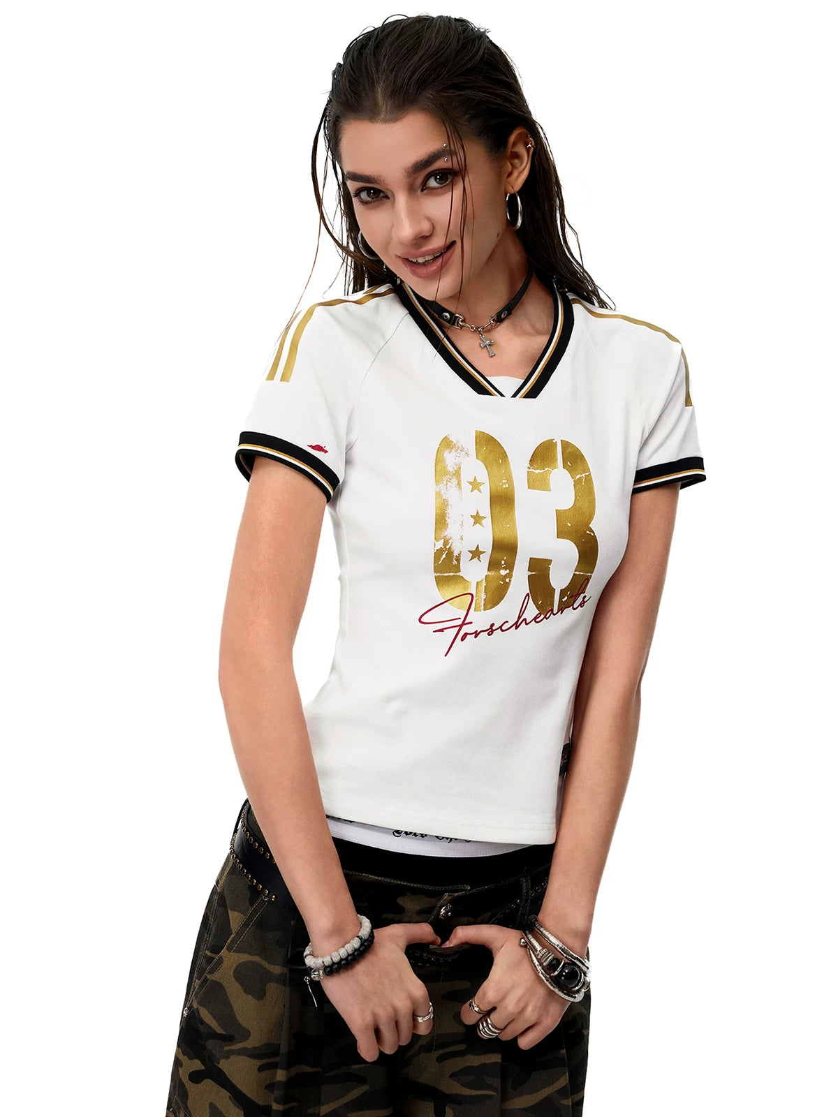 0123Start Contrasting Color V-neck Slim Striped Tee