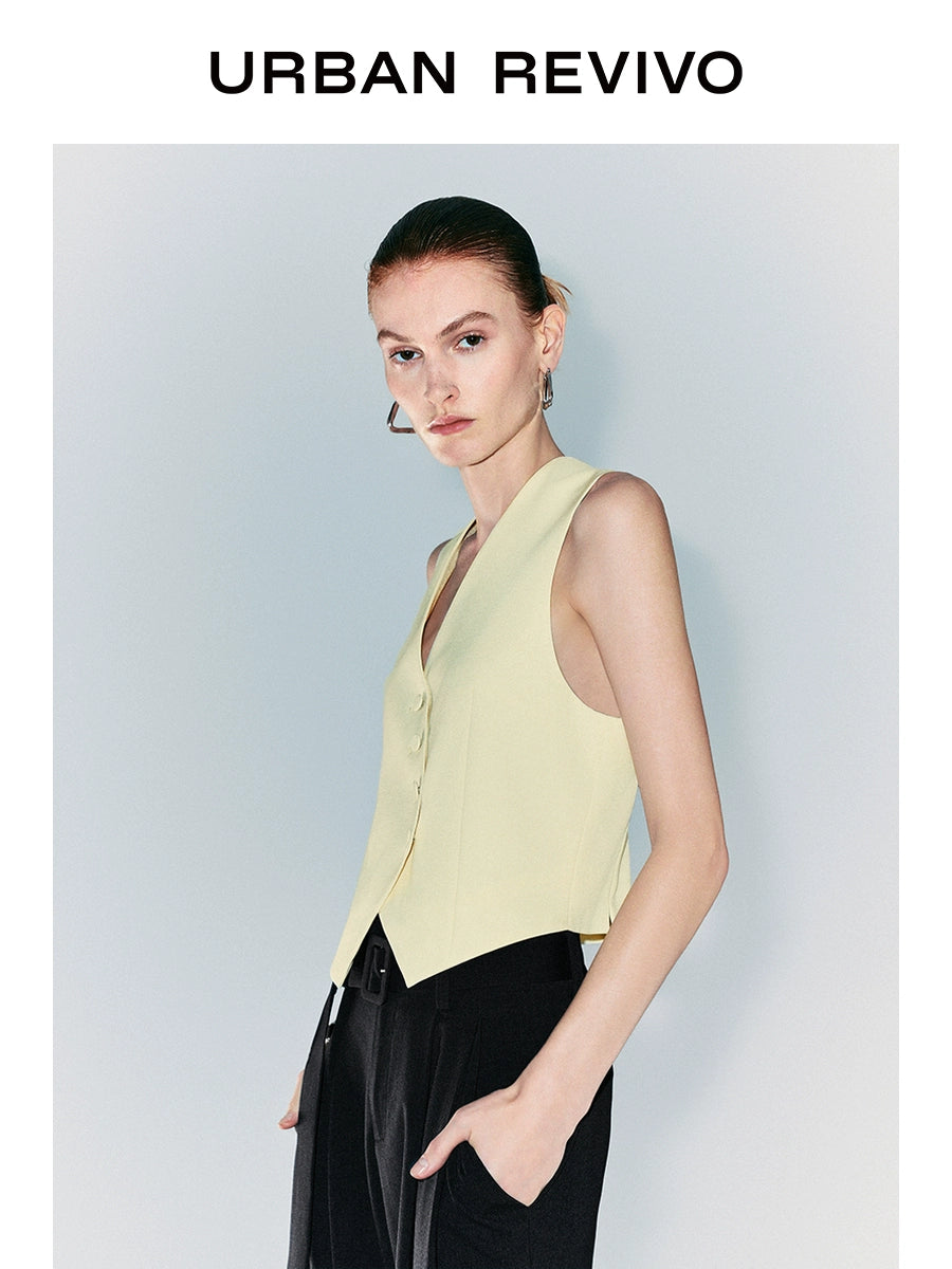 URBAN REVIVO Temperament Commuter Oblique Placket V-neck Vest