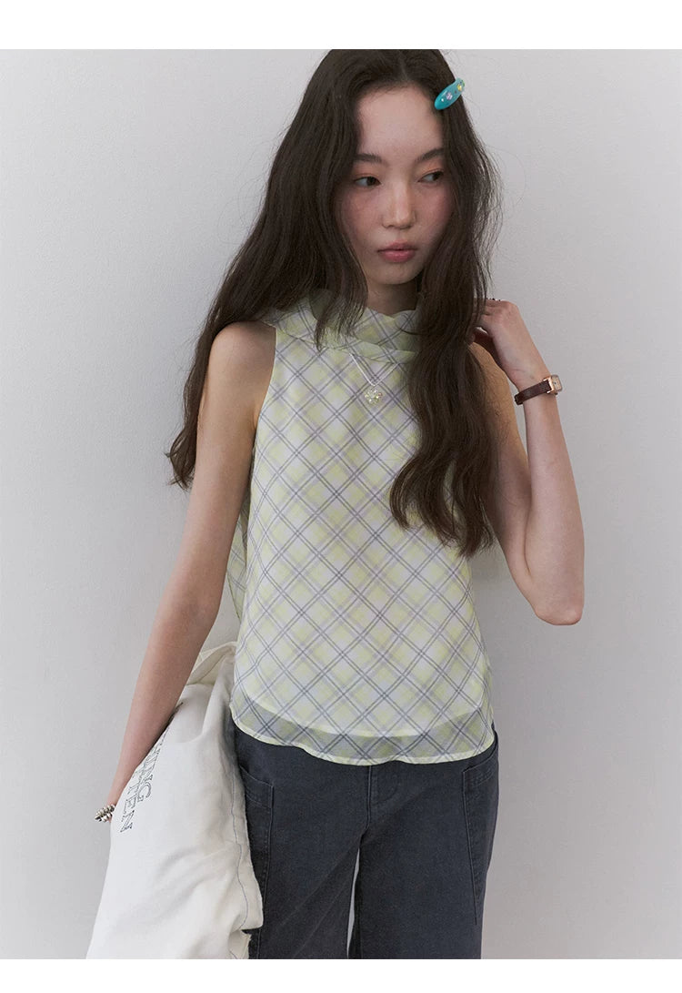 VOOE Contrasting Color Plaid Streamer Vest Shirt