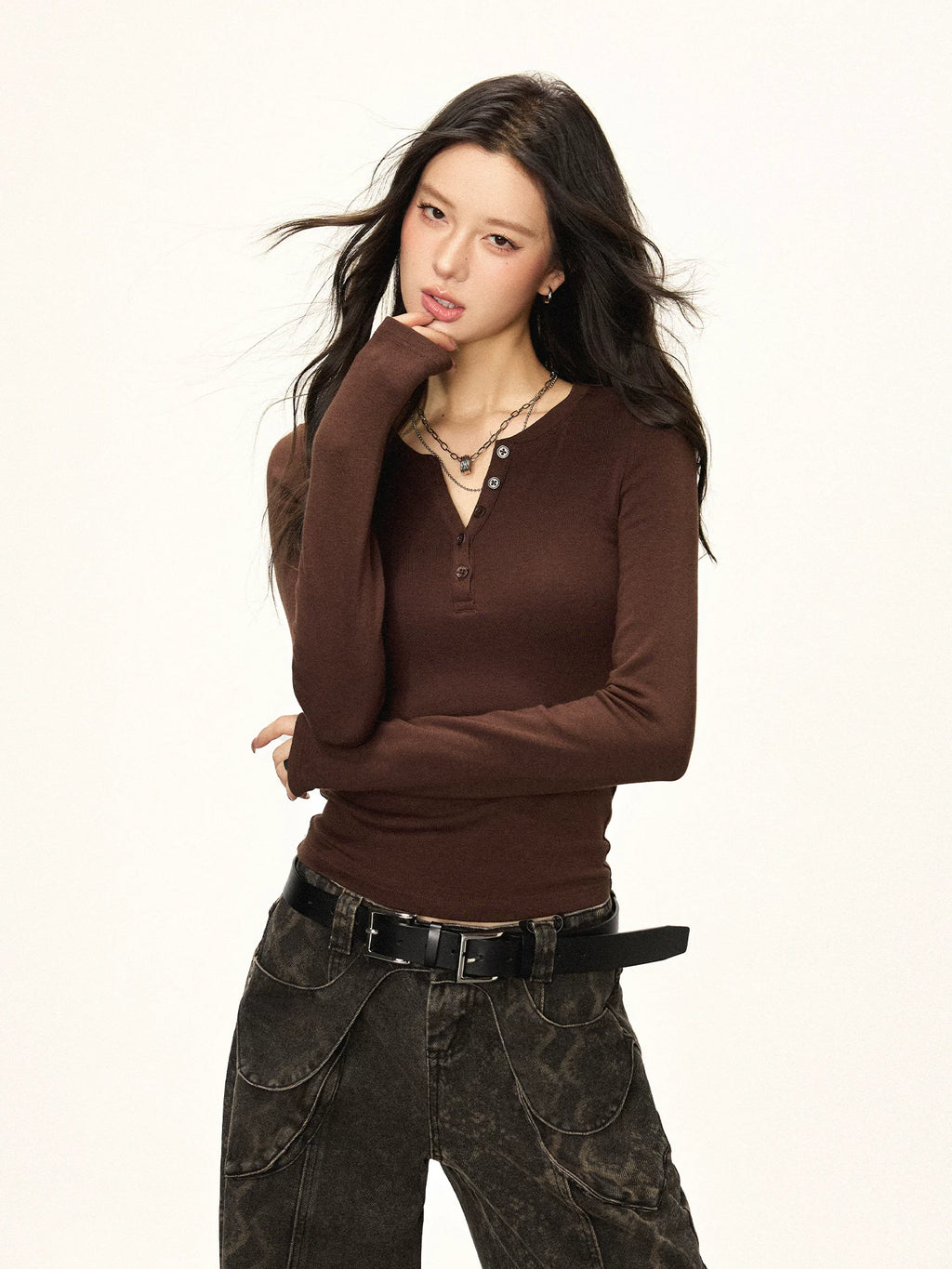 Cherry Melody Henry Collar Fleece Slim Fit Long Sleeves