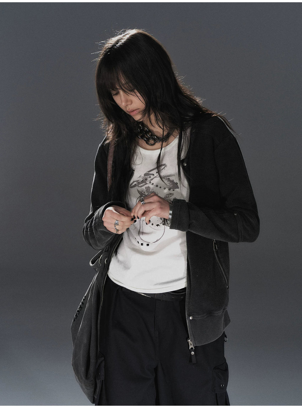 WearAndtear Loose Rivet Crew Neck Sweater Jacket
