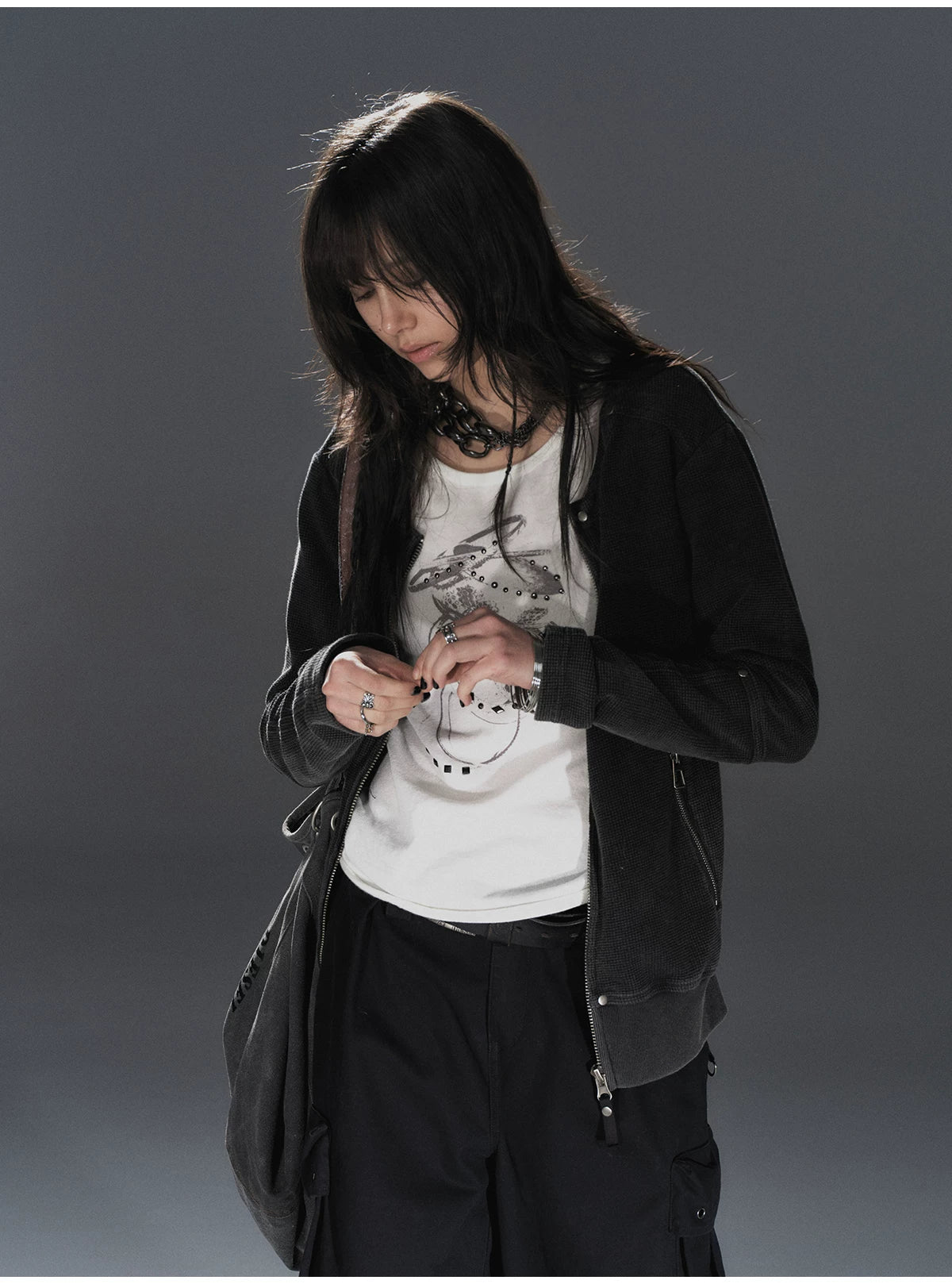 WearAndtear Loose Rivet Crew Neck Sweater Jacket