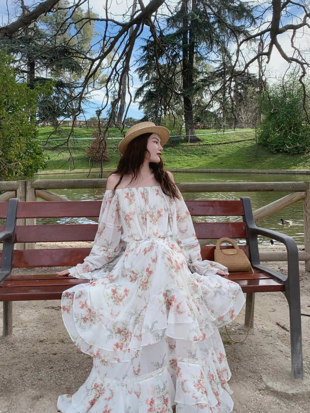 1S Floral One-word Collar Off-the-shoulder Horn Dress