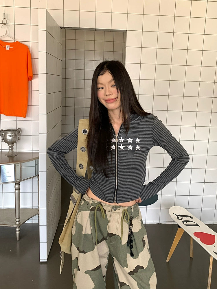 EAHO Vintage Striped Star Zip Hooded Cardigan